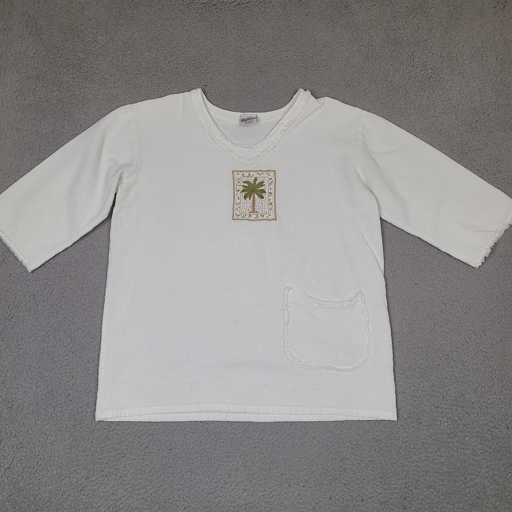 CottonSeed Top Women's Large White 100%‎ Cotton V-Neck Palm Embroidered Pullover
